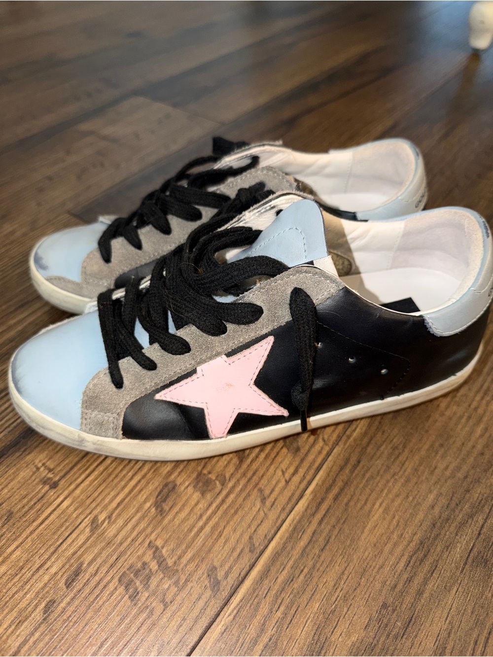 Golden Goose Black Leather Sneakers with Pink Star and Light Blue Toe
